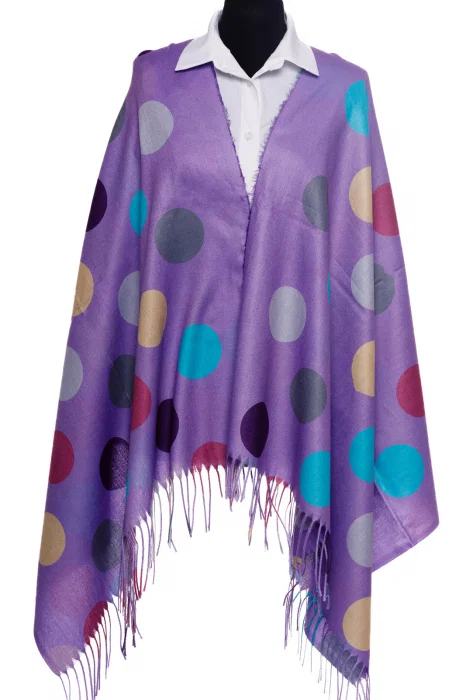 Esarfa din casmir cu buline multicolore pe fond mov deschis