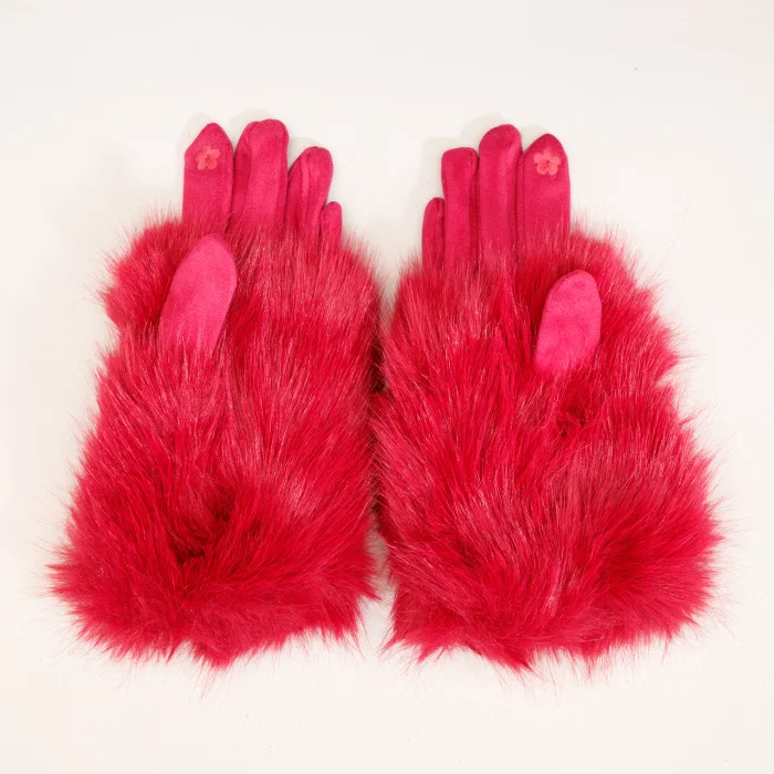Manusi dama din material textil catifelat si suprapunere de blanita, fucsia