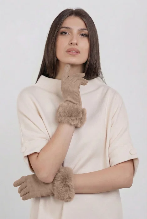 Manusi dama din material textil catifelat cu blanita naturala de iepure, bej