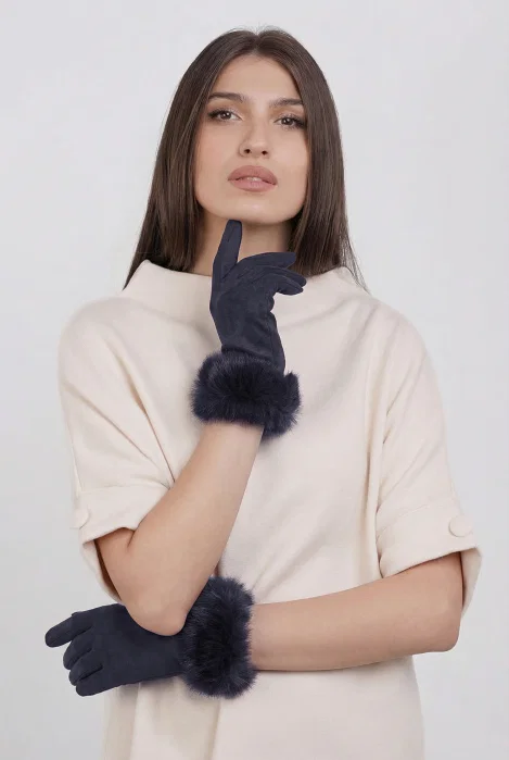 Manusi dama din material textil catifelat cu blanita naturala de iepure, bleumarin