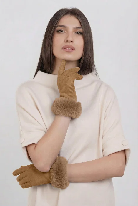 Manusi dama din material textil catifelat cu blanita naturala de iepure, camel