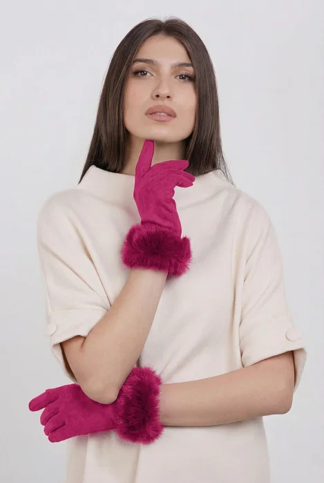 Manusi dama din material textil catifelat cu blanita naturala de iepure, fucsia