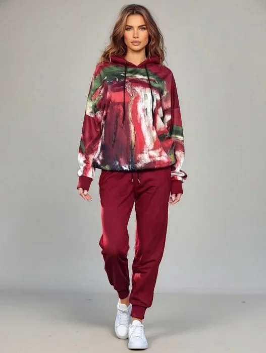 Trening dama din catifea cu hanorac imprimat si pantaloni jogger ,   bordo