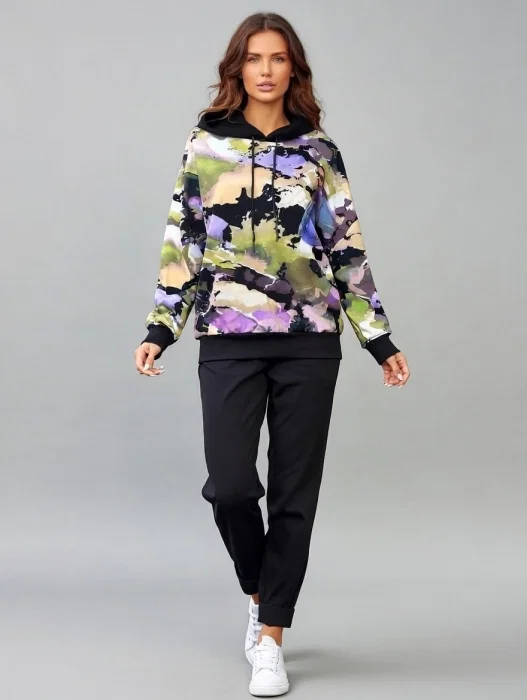 Trening dama cu hanorac imprimat cu ilustratie fashion si pantaloni jogger ,   negru