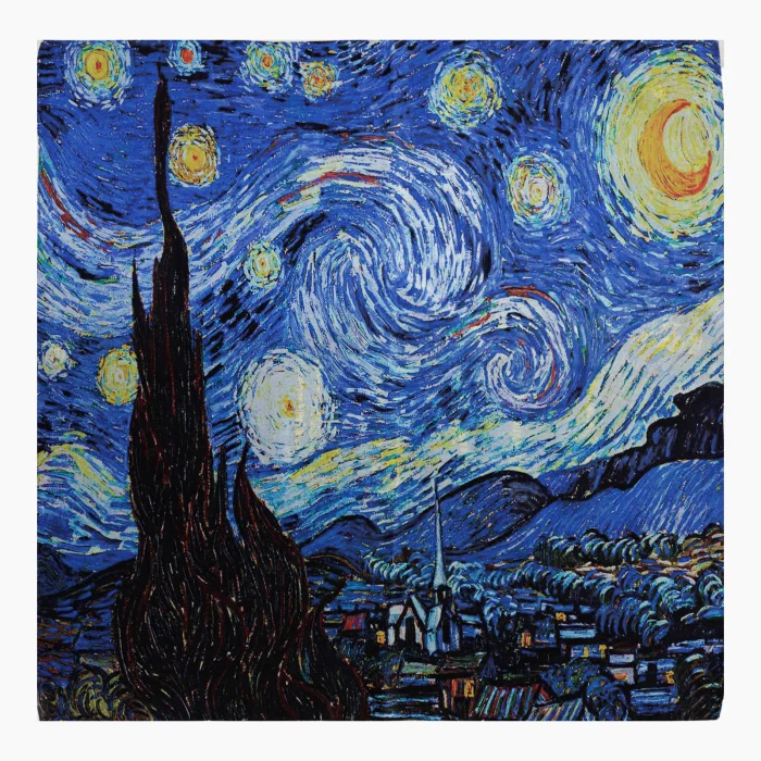 Esarfa premium din matase cu dubla fata, imprimeu cu model inspirat  dupa pictura celebra a lui Van Gogh   Noapte Instelata