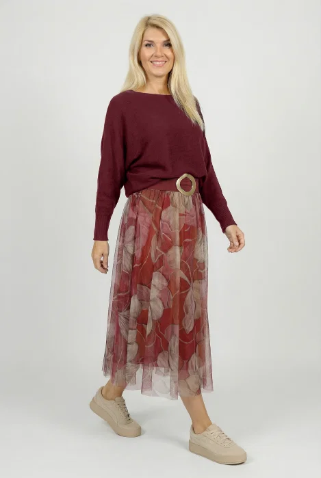 Fusta clos din tulle cu imprimeu floral in nuante de bordo si roz