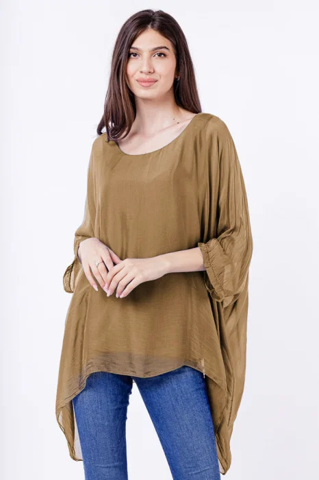 Bluza din matase si vascoza in colturi, camel