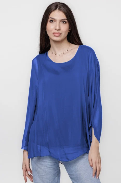 Bluza din matase si vascoza cu maneca clopot, albastru electric