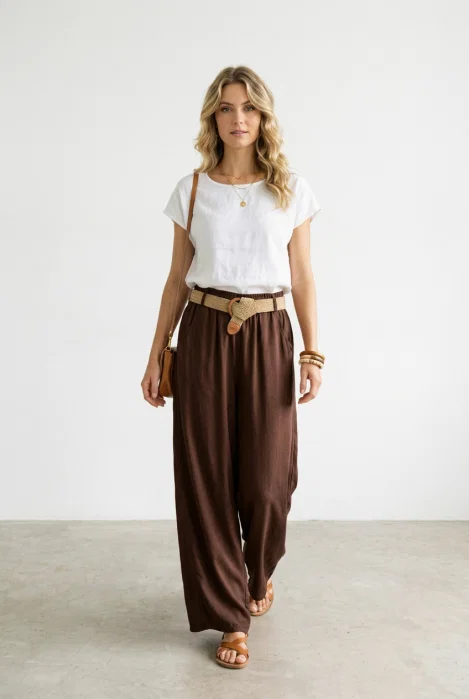 Pantaloni dama lejeri din tencel, cu talie elastica si curea, maro