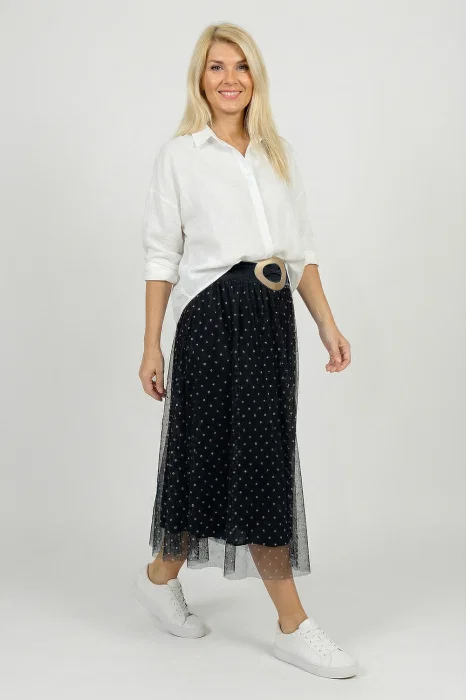 Fusta clos din tulle, neagra cu bulinute albe