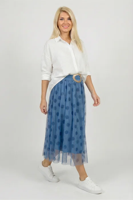 Fusta clos din tulle, bleu cu buline albastru inchis