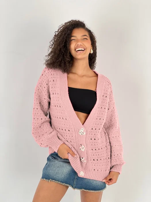 Cardigan cu decolteu in V, din tricotaj roz cu nasturi decorativi aurii