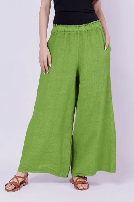 Pantaloni de vara din in largi, verde olive