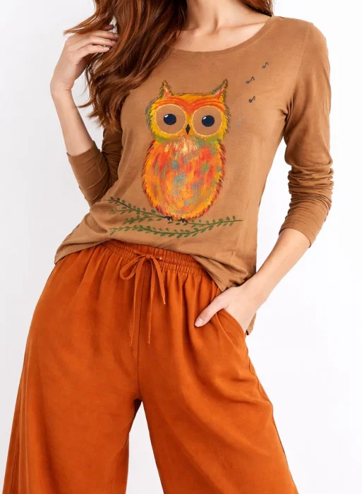 Bluza camel din bumbac  pictata manual ,cu bufnita