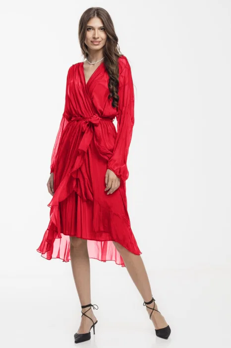 Rochie eleganta din matase si vascoza, petrecuta, cu maneci vaporoase si croiala asimetrica, rosie