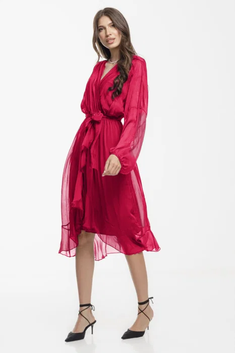 Rochie eleganta din matase si vascoza, petrecuta, cu maneci vaporoase si croiala asimetrica, fucsia inchis