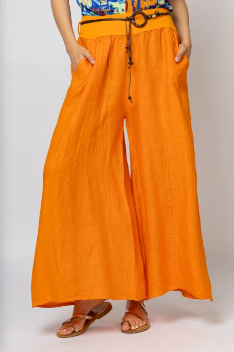 Fusta pantalon portocalie  casual, din in, cu o curea fancy