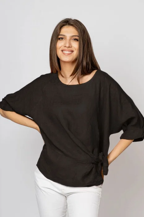 Bluza din in gri inchis masura mare cu nod pe talie