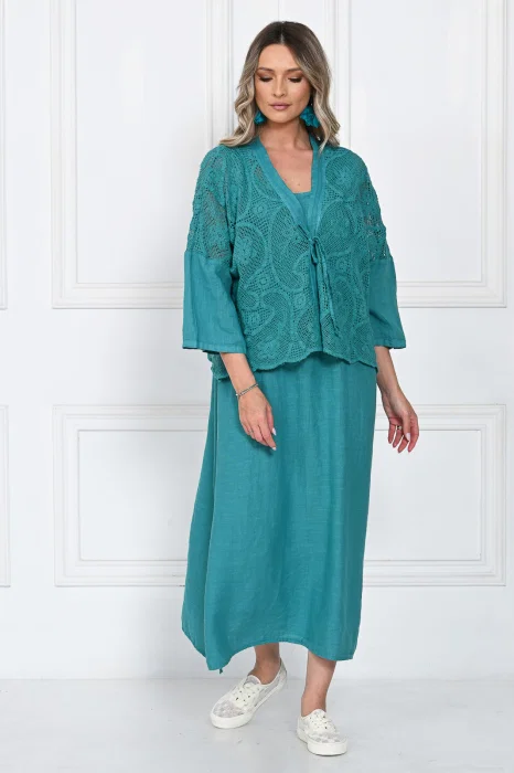 Compleu rochie lunga din in cu blazer dantelat si croi lejer boem elegant , turcoaz