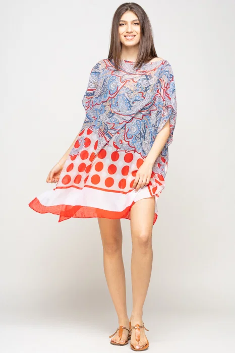 Rochie de plaja tip poncho cu motive florale si buline rosii, vascoza
