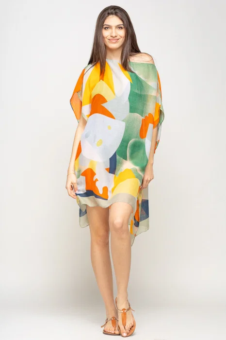 Rochie de plaja tip poncho cu model abstract in nuante de portocaliu, galben si verde, vascoza