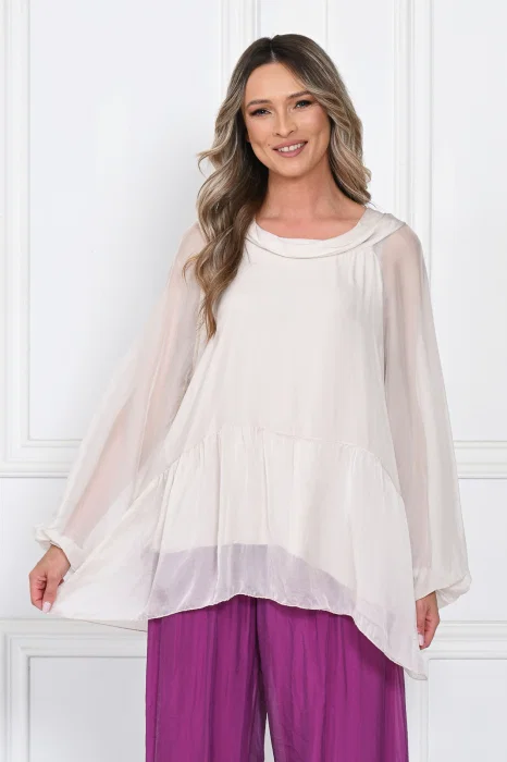 Bluza din matase naturala si vascoza, lejera cu guler intors si maneci bufante, bej