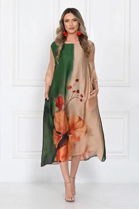 Rochie eleganta satinata A-line cu imprimeu floral artistic si croi lejer fluid, verde-bej-caramel
