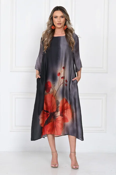 Rochie eleganta satinata A-line cu imprimeu maci rosii si croi lejer fluid, gri-negru