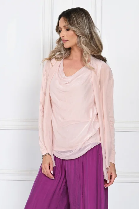 Blazer dama lejer cu design fluid si insertie din matase, croi relaxat, roz pudrat