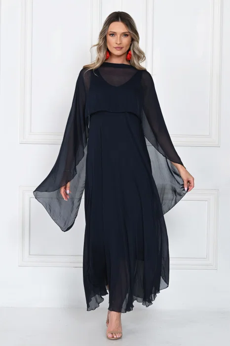 Capa dama din matase si vascoza tip kimono, croi fluid pentru layering, bleumarin