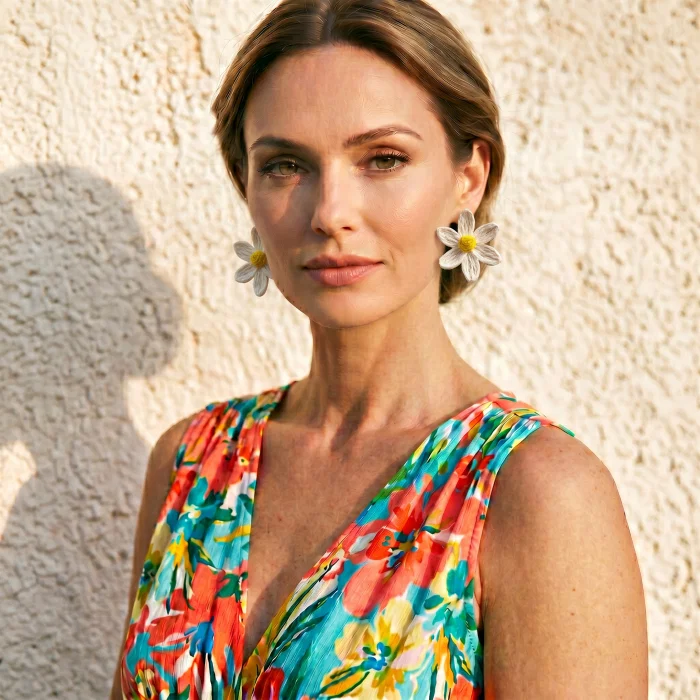 Cercei statement in forma de margareta, design floral elegant, alb-galben
