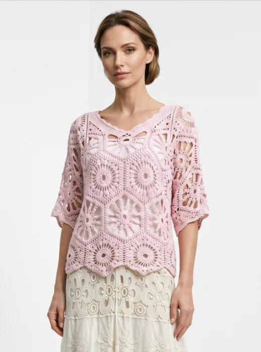 Bluza de vara cu broderie din bumbac, croi lejer, roz