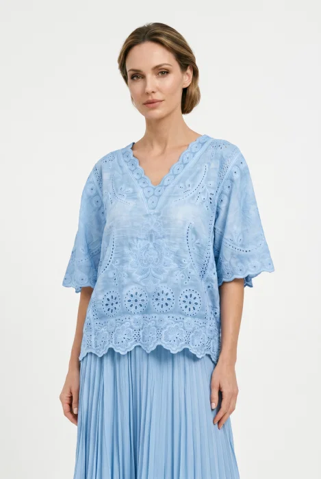 Bluza din bumbac brodat cu decolteu in V si maneci evazate, eleganta, bleu