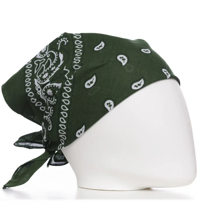 Bandana tip batic patrat cu imprimeu alb pe fond kaki