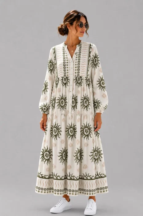 Rochie maxi din vascoza cu imprimeu solar si inspiratie boho, alb-kaki