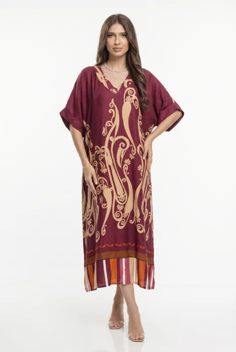 Rochie lunga oversize din vascoza si matase cu imprimeu baroc si croi lejer, bordo