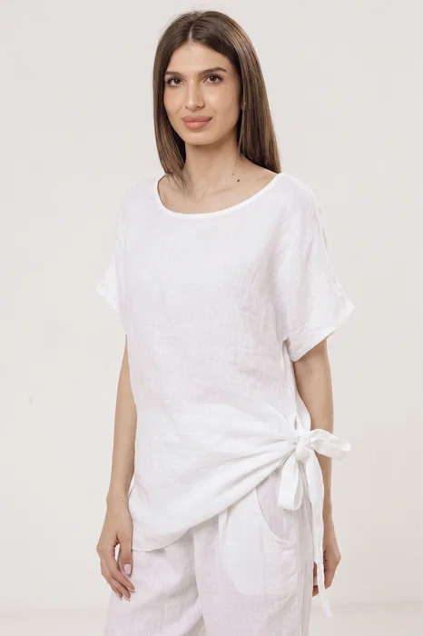 Bluza lunga din in cu colt si funda, alba