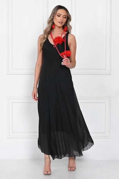 Rochie lunga din matase cu croi fluid si bretele fine, eleganta, neagra