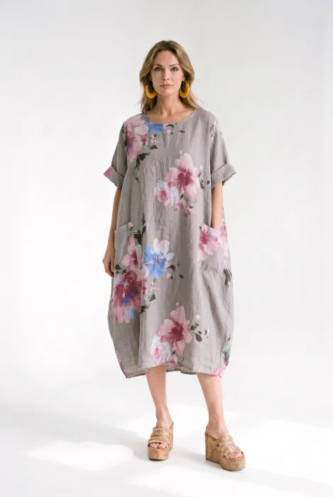 Rochie din in cu imprimeu floral si croi balon cu buzunare, bej inchis