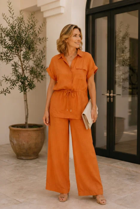 Compleu din vascoza cu pantaloni palazzo si bluza cu cordon, caramiziu