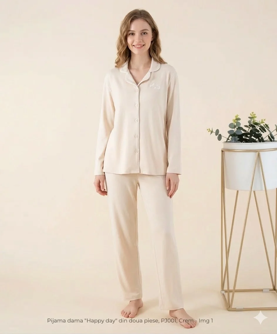 Pijama dama "Happy day" din doua piese, PJ001, Crem