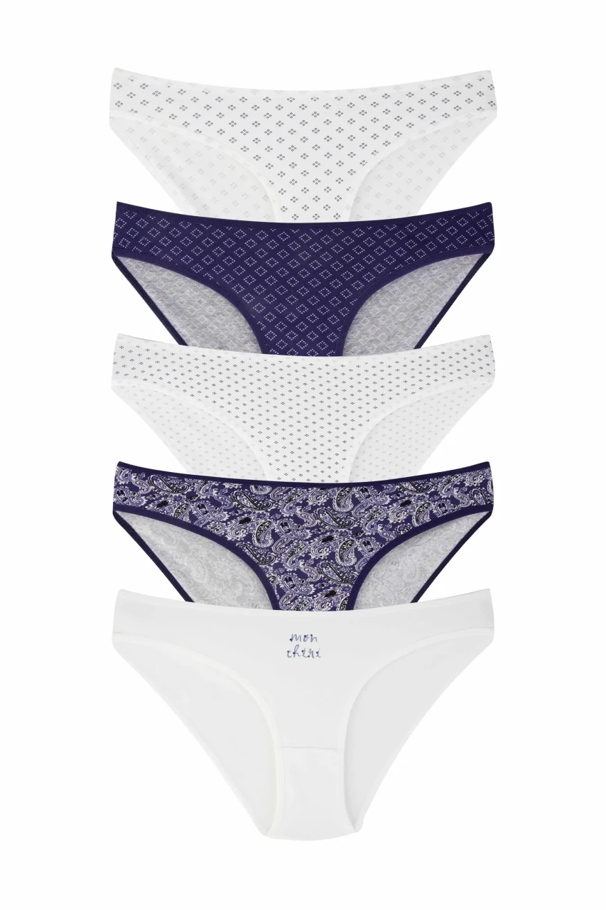 Set 5 perechi de chiloti din bumbac, pentru dama, 33500, Alb/Albastru