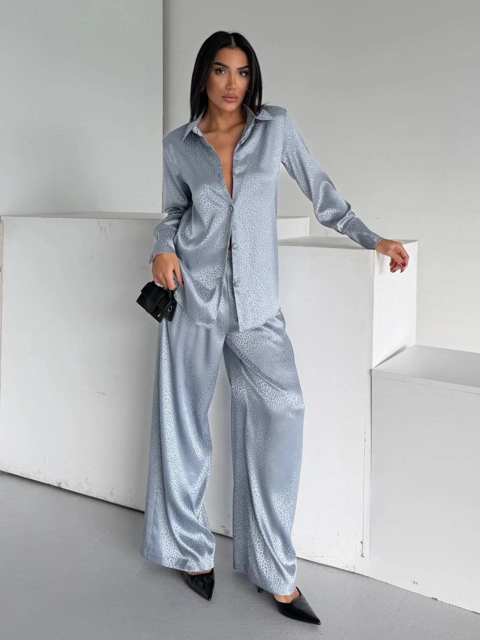 Set pijama dama din doua piese, cu nasturi – 2500407, Gri