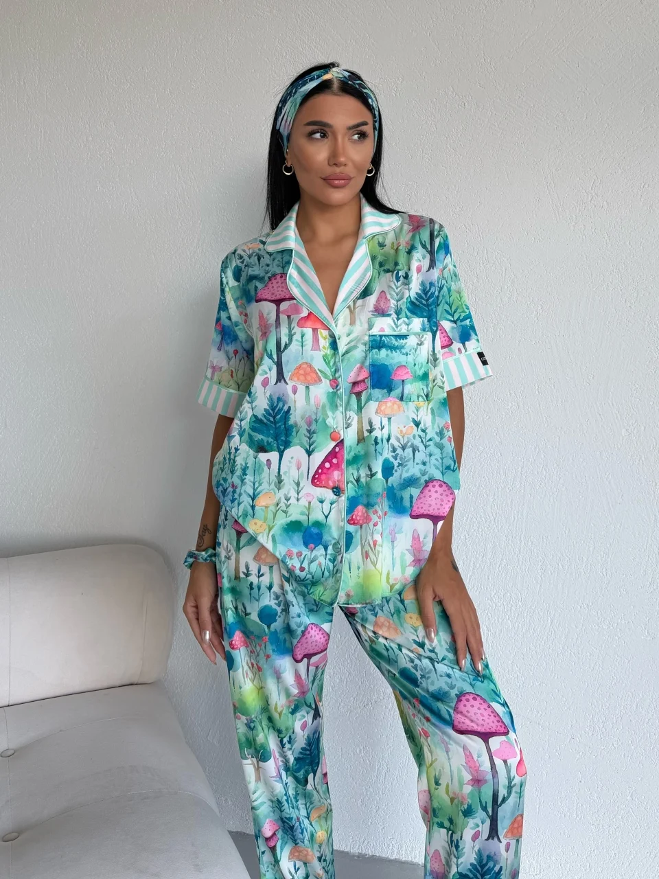 Set pijama dama din doua piese, cu nasturi – 2500379, Mushroom Garden