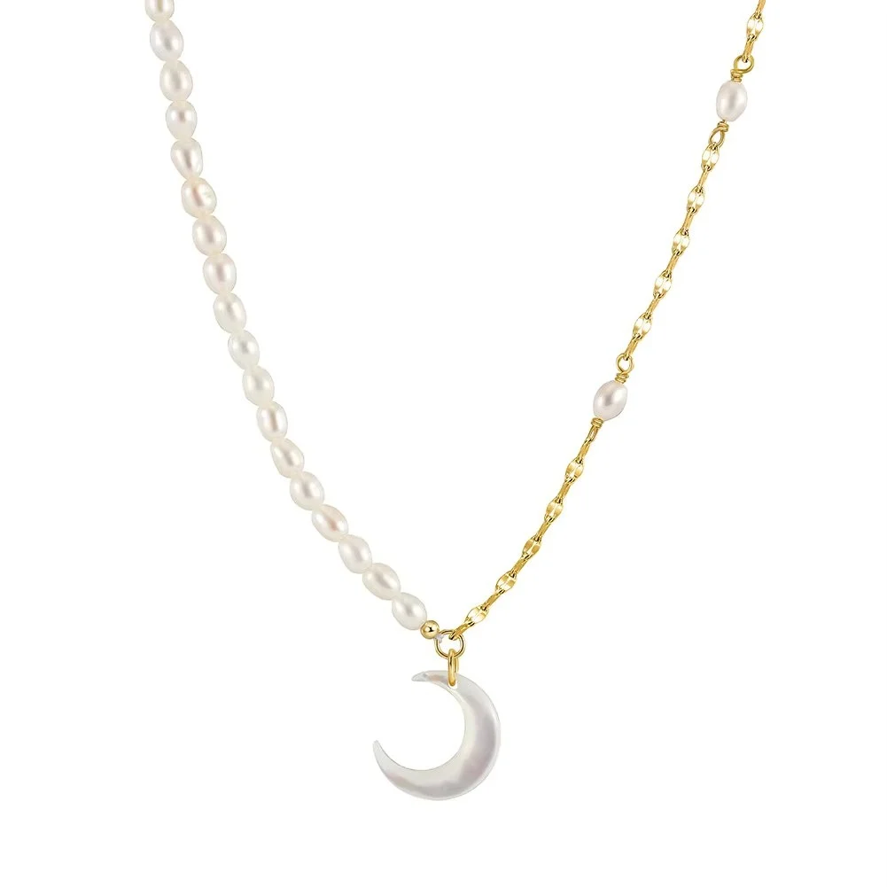 Lantisor argint 925, JW1722, model semiluna si perle, placat cu aur