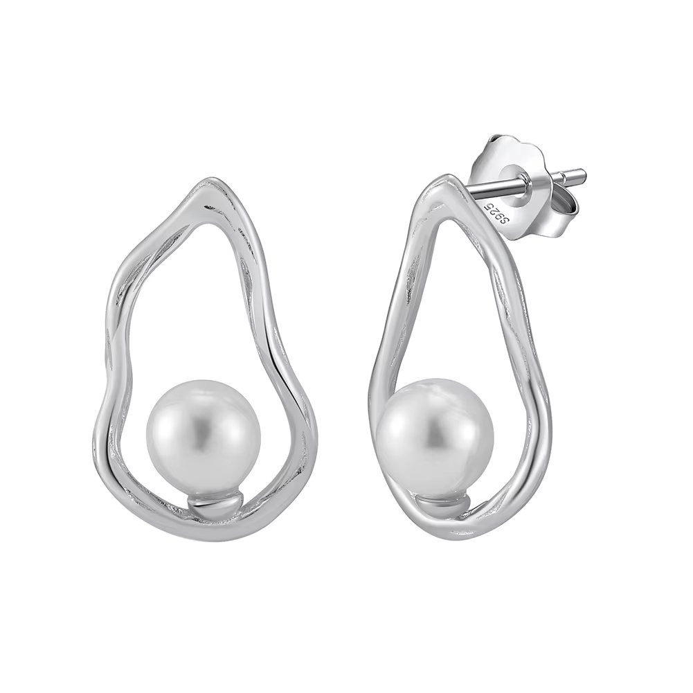 Cercei argint 925, JW1715, model abstract cu perle, placati cu rodiu