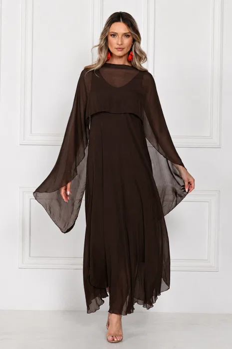 Capa dama din matase si vascoza tip kimono, croi fluid pentru layering, maro inchis