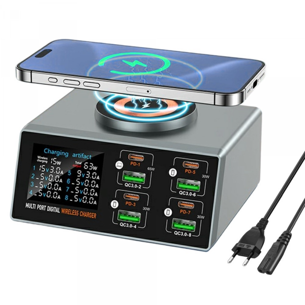 Incarcator Statie OEM WLX-X9S QI, 140W, 3A, 4 x USB-A - 4 x USB-C, Argintiu