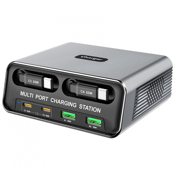 Incarcator Statie Cu Cablu USB-C OEM WLX-60C, 130W, 2 x USB-A - 2 x USB-C, Gri