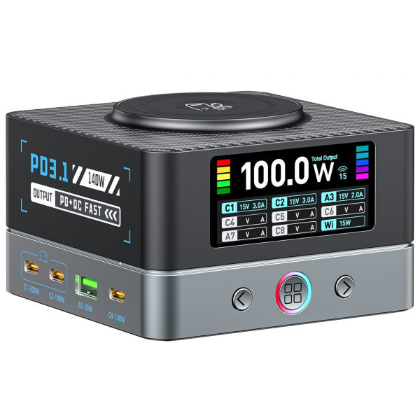 Incarcator Statie OEM WLX-R8A QI, 140W, 5A, 2 x USB-A - 6 x USB-C, Gri